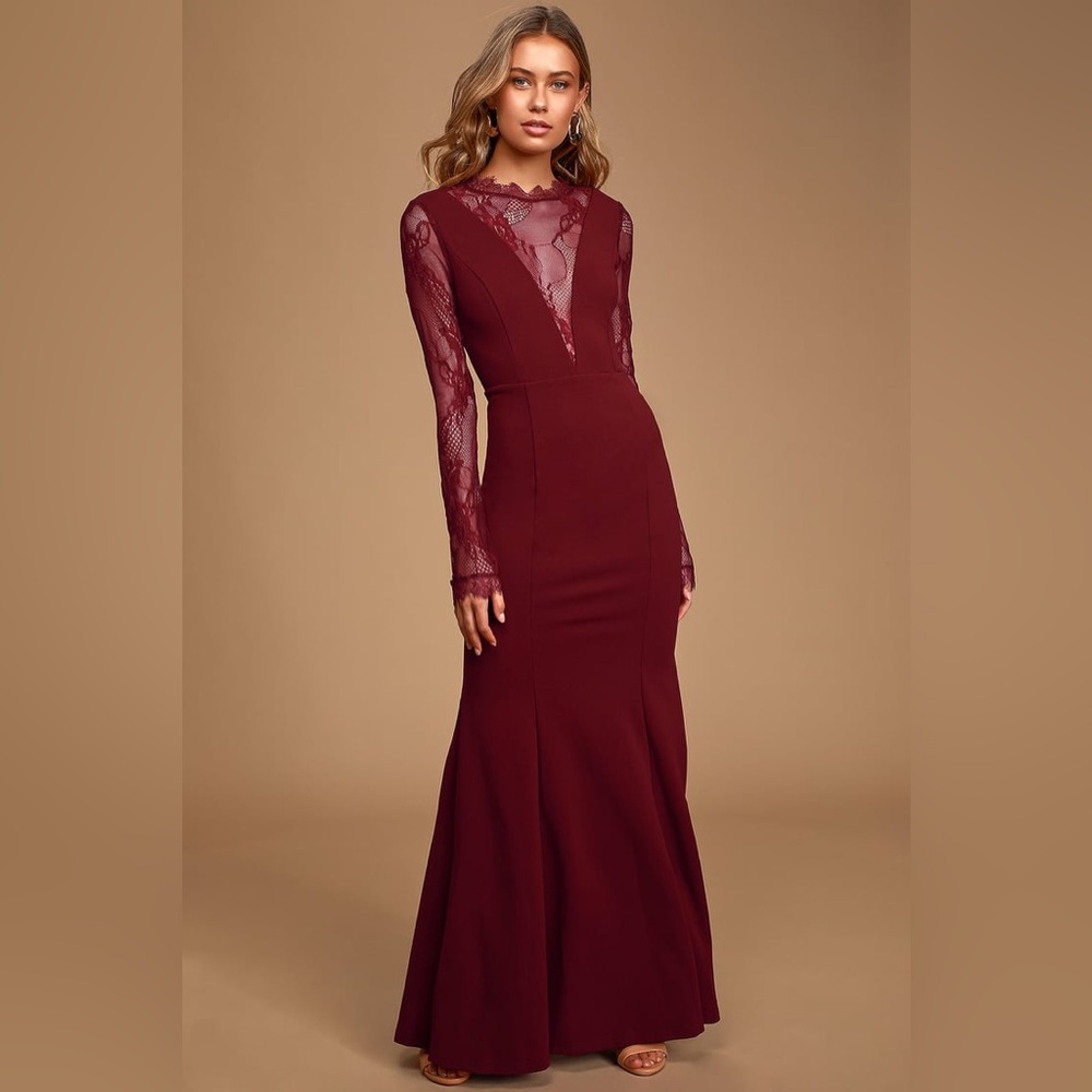 Lovely Ever After Burgundy Lace Long Sleeve Mermaid Maxi Dress